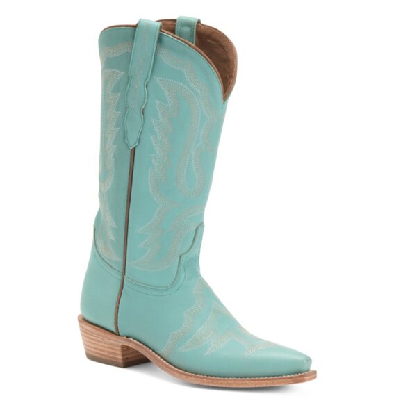LUCCHESE Turquoise Made In Mexico Leather Sage Vamp Embroidered Western Boots - Picture 1 of 2